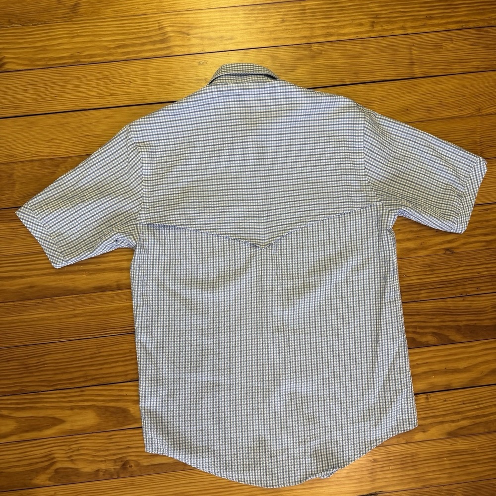 Criquet Mens Small Seersucker‎ Shirt Blue White Check Short Sleeve Vented - Picture 10 of 11